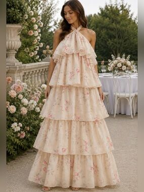 Boutique Floral Tiered Ruffle Maxi Dress Halter Wedding Guest Formal Gown  M